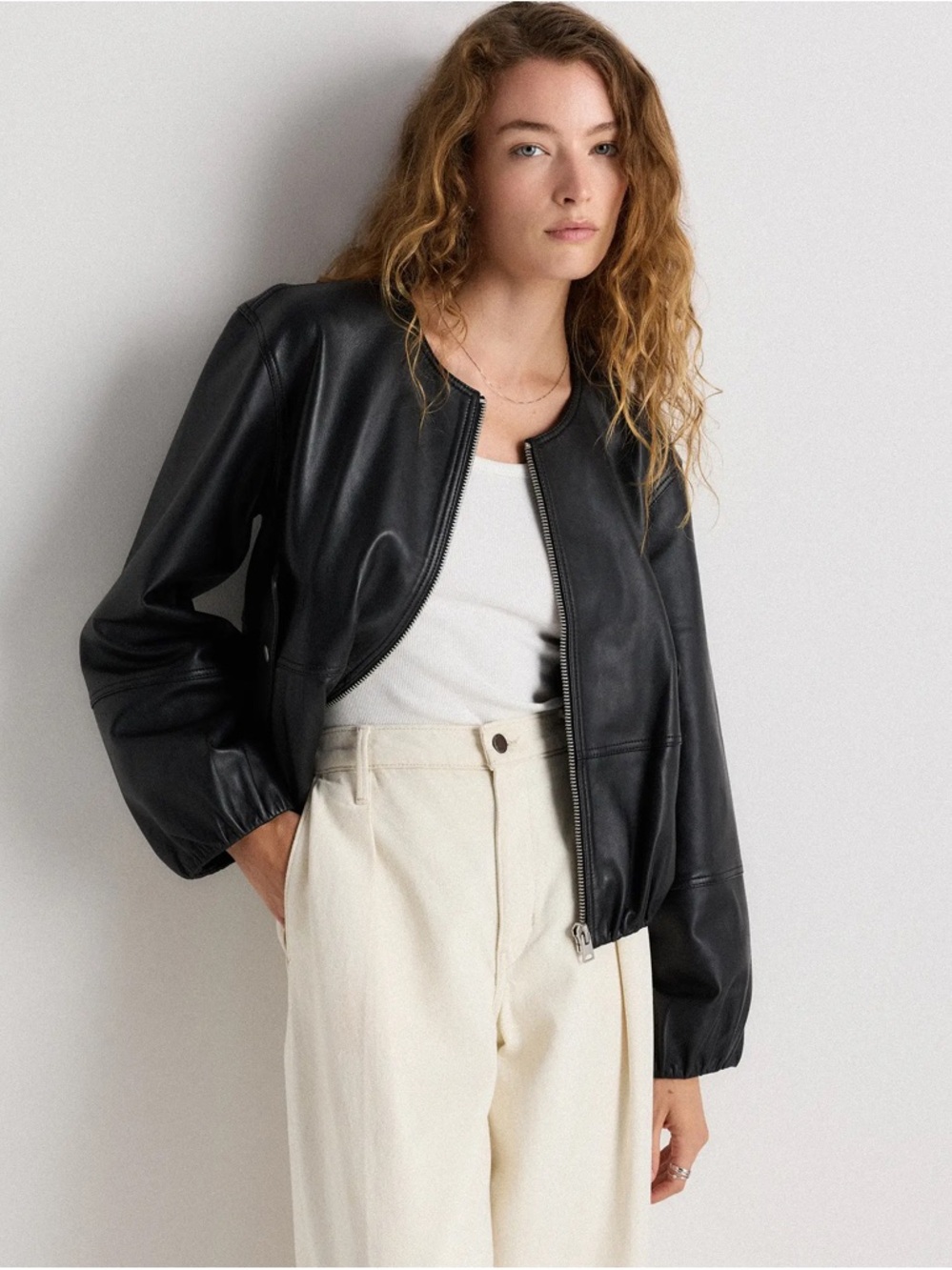 Quince 100% Leather Collarless Cropped Bubble Hem Jacket